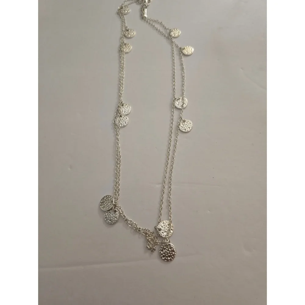 Daisy Fuentes Silver Tone Double Strand Hammered Coin Disc Charm Necklace